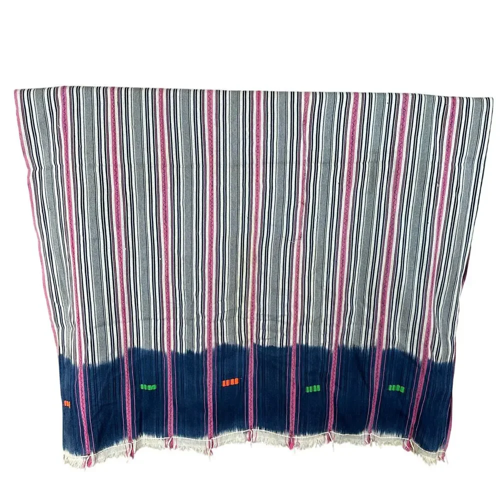 Striped Woven Textile Throw Pink Navy Cream Fringe Boho Global Eclectic Decor